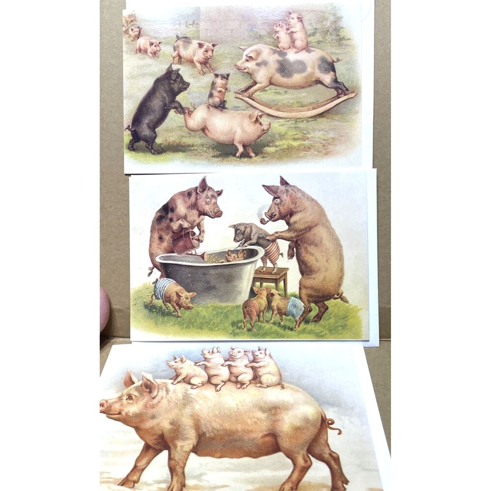 Whimsical Pig Greeting Cards Blank With Envelope 3pcs Vintage Ephemera Farm